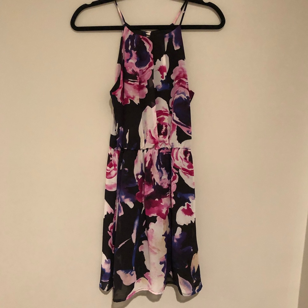 Black Pink Purple Floral chiffon Dress- Size Small